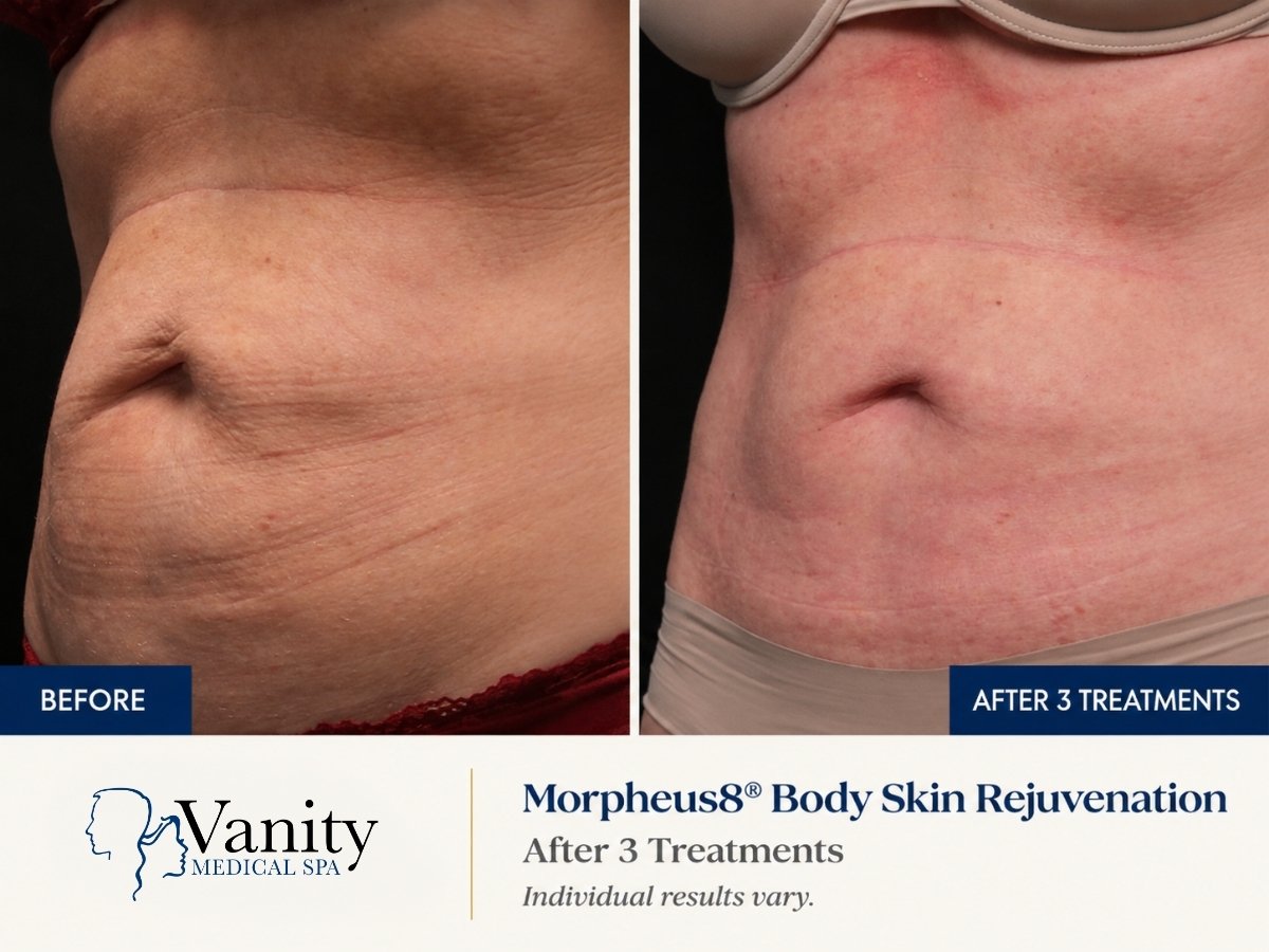 Morpheus8 abdomen before and after three treatments showing improvement in skin texture