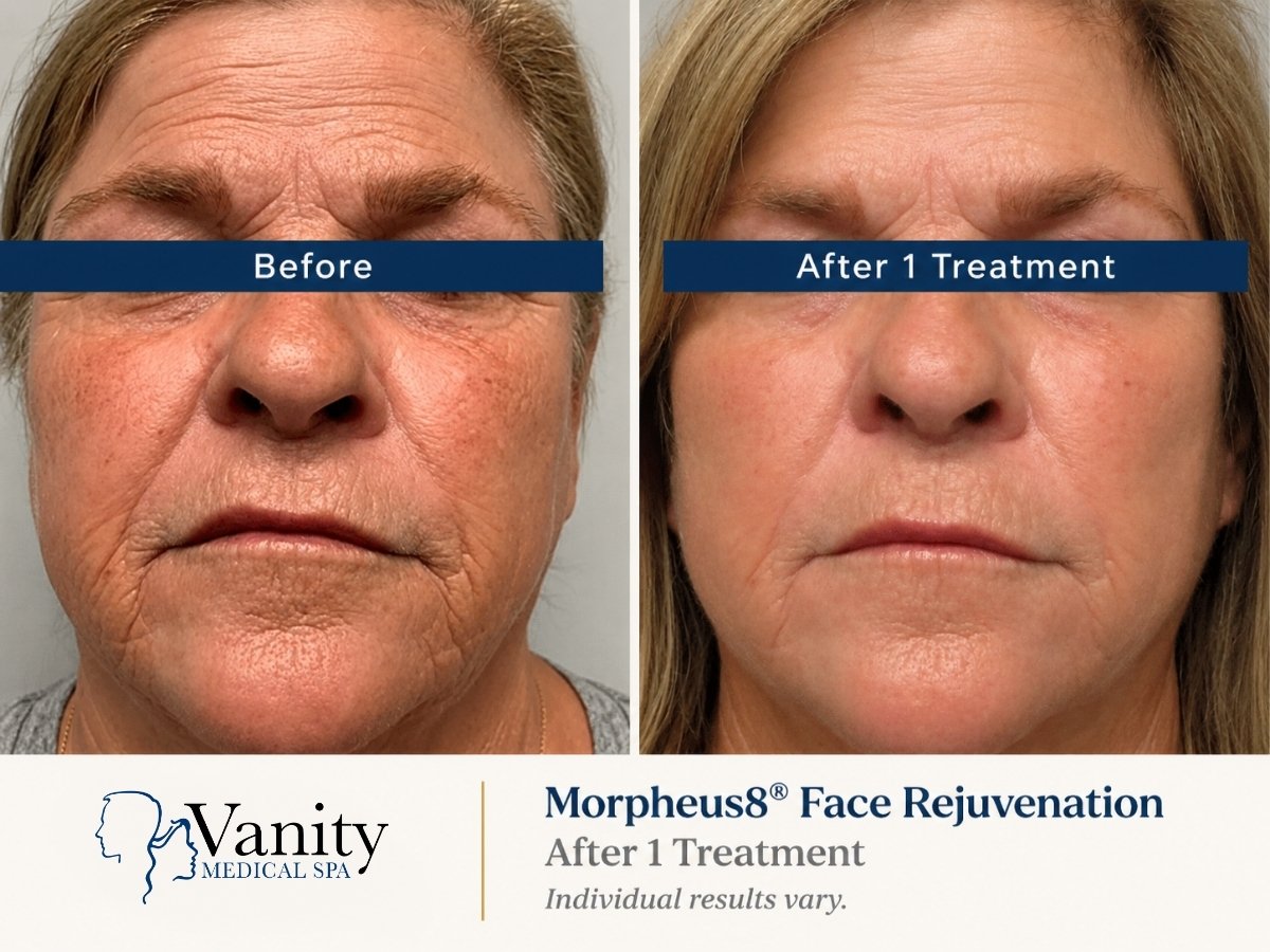 Morpheus8 face before and after one treatment showing skin texture and facial rejuvenation