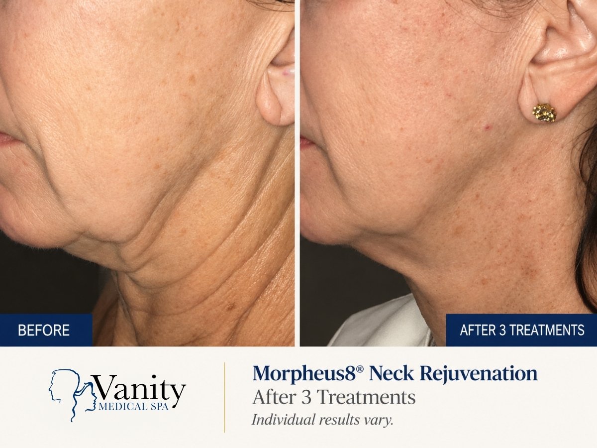 Morpheus8 neck before and after three treatments showing improvement in skin laxity